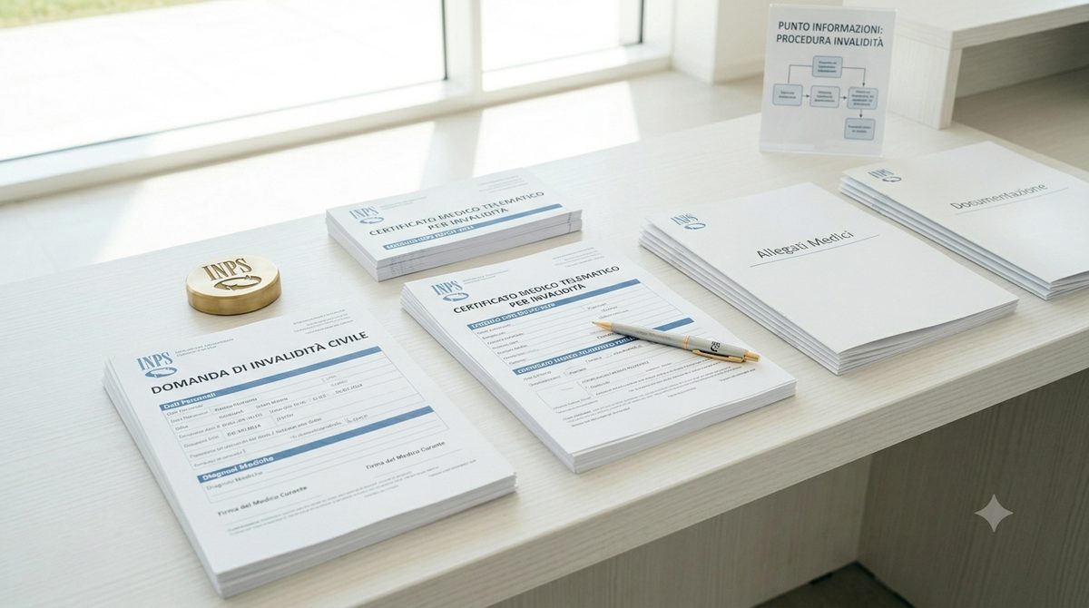 Modulistica INPS per la procedura di invalidità su una scrivania