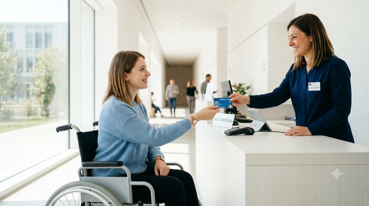 Una persona in carrozzina riceve la Carta Europea della Disabilità a uno sportello