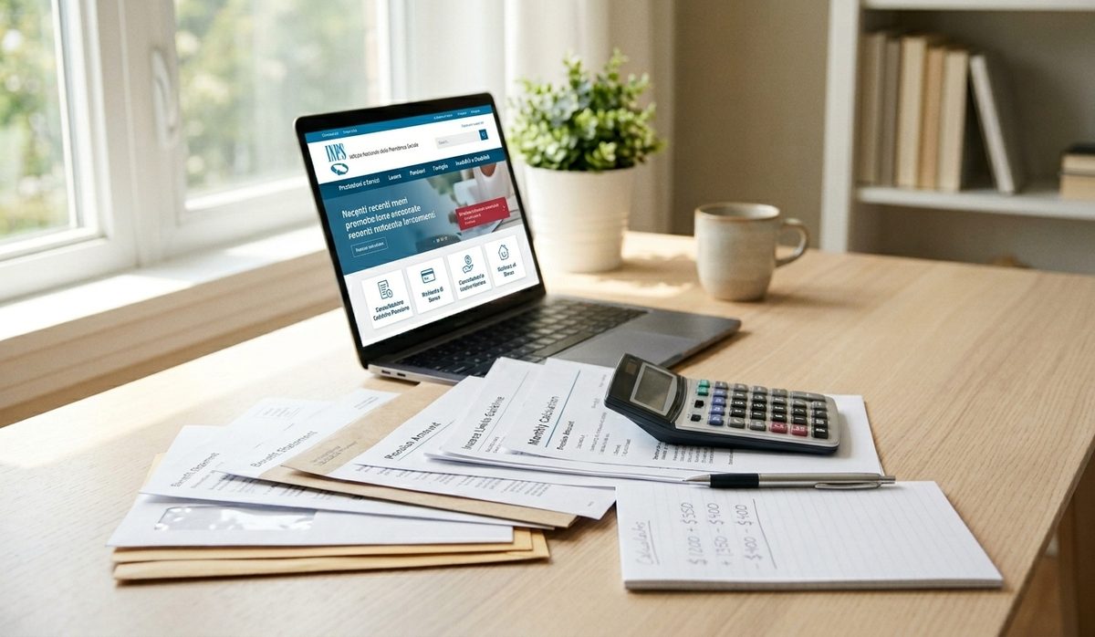 Laptop con il sito INPS, documenti e una calcolatrice per il calcolo degli importi